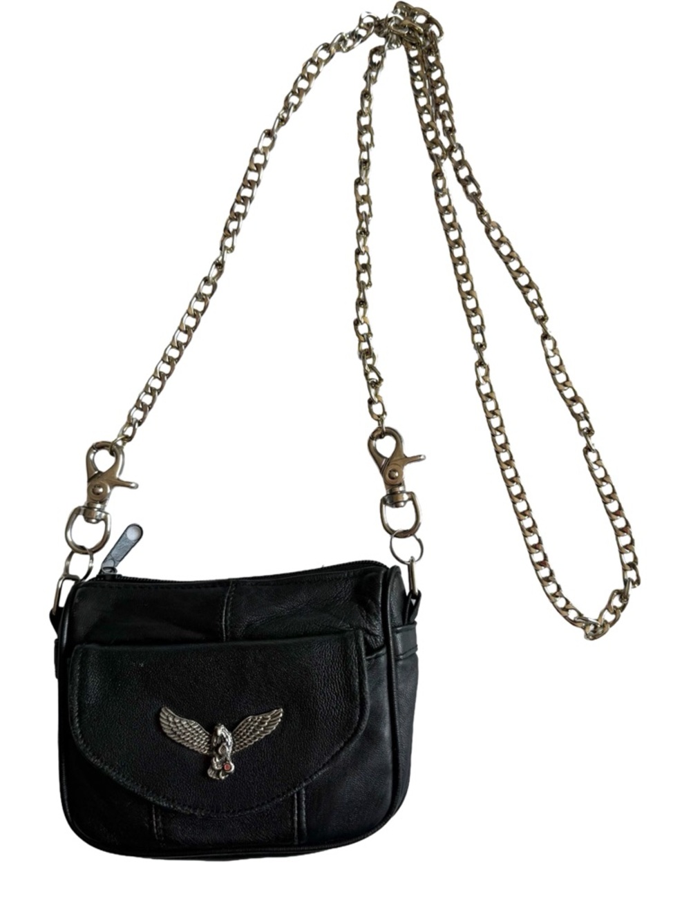 Vintage Y2K Black Faux Leather Crossbody Bag Silver Eagle Chain Strap - Picture 2 of 8
